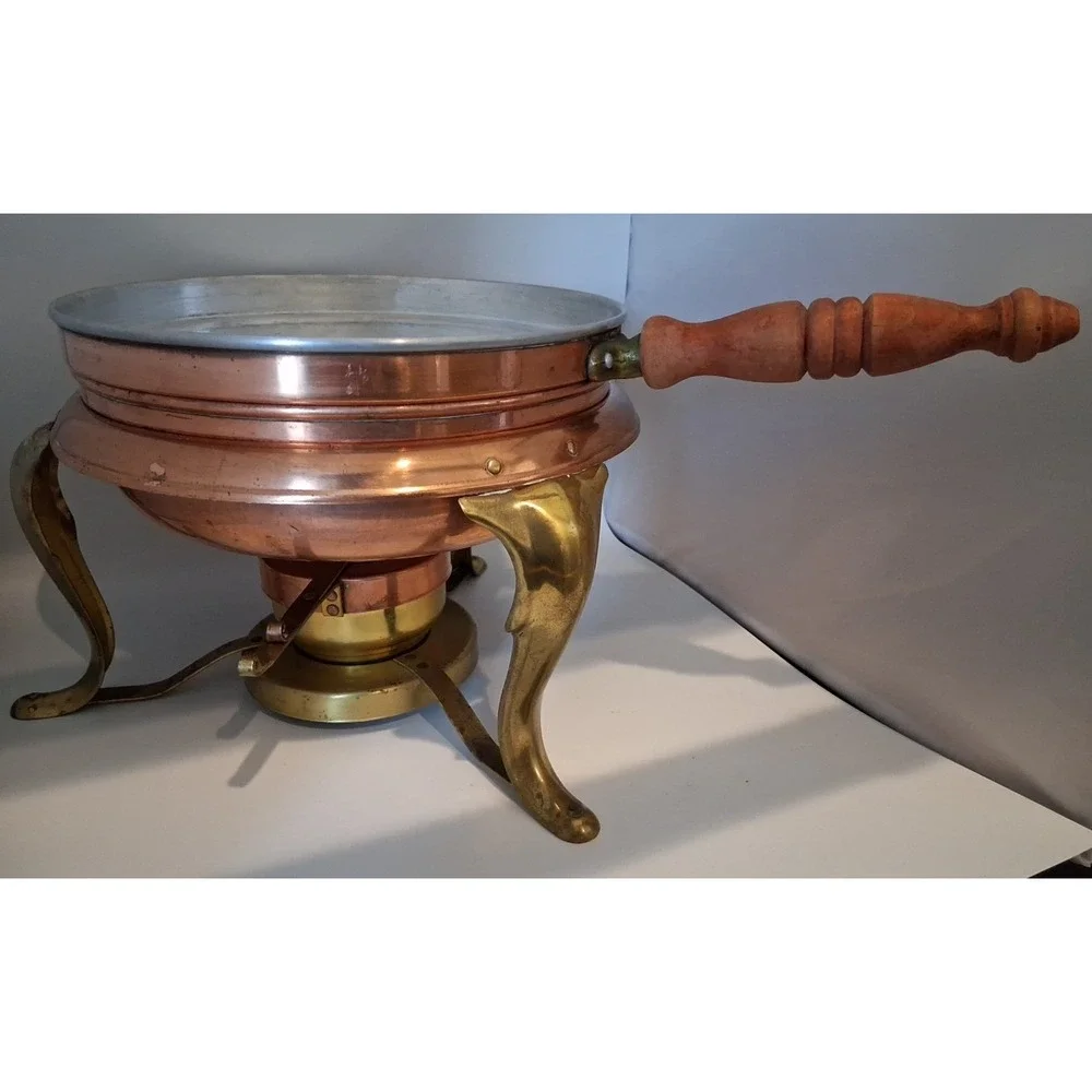 Copper & Brass Chafing Dish, Wood Handle Unbranded with 5 Pieces 